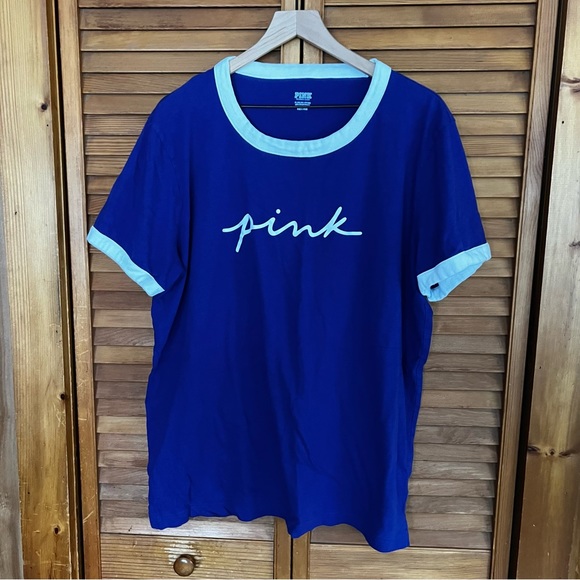 PINK Victoria's Secret Blue Tee with White Accents - Picture 1 of 4